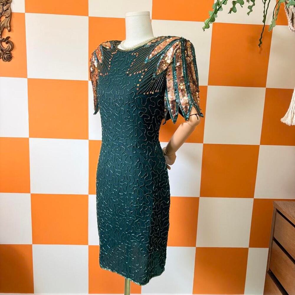 80s Vintage Emerald Green and Gold Sequin Glass Beaded Silk Dress